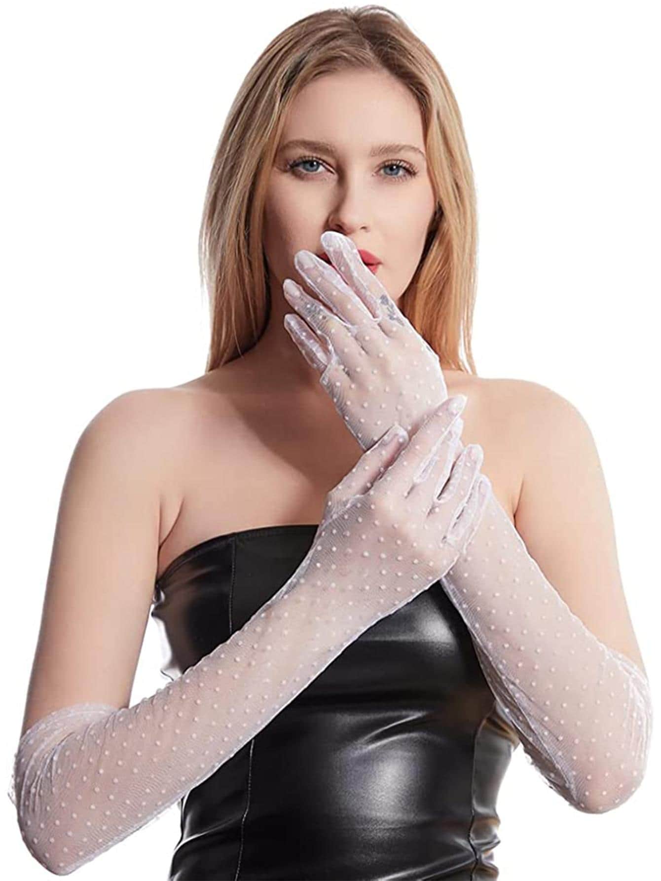 Long Length White Polka Dotted White Color Adult Tulle Gloves 55 cm