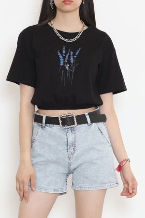 Printed Waist Elastic T-Shirt Black