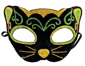 Black Velvet Covering with Yellow Green Glitter Embroidered Cat Mask 20x13 cm