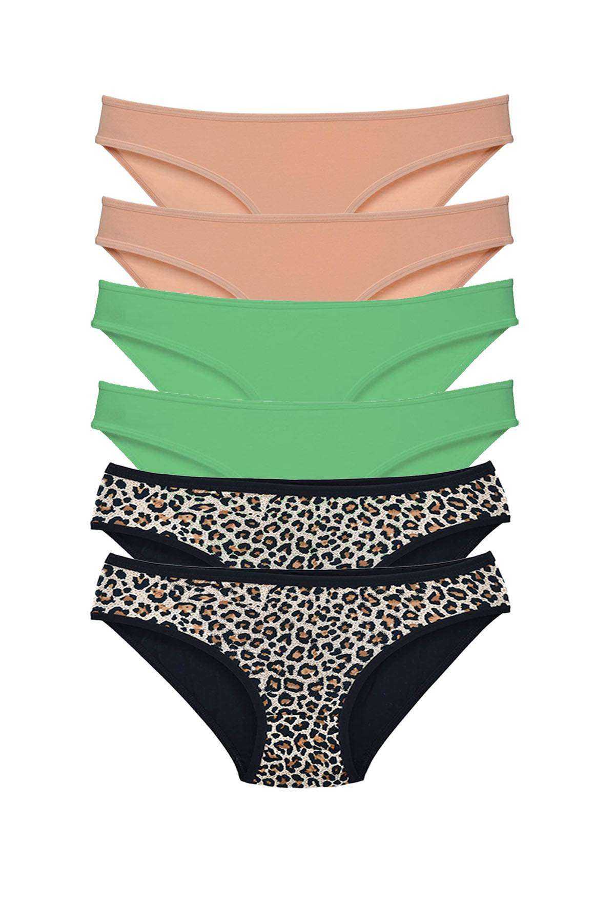 6 Pcs Lycra Women Slip Panties Leopard Skin Green