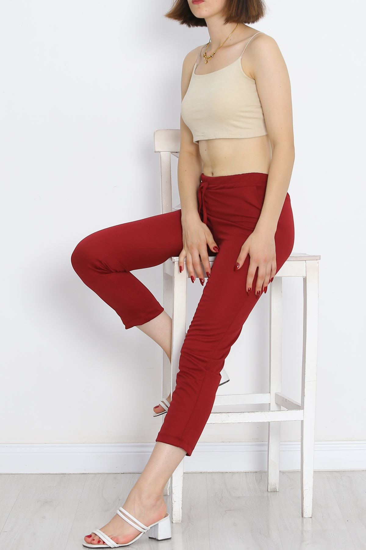 Crepe Lace-up Detailed Trousers Burgundy