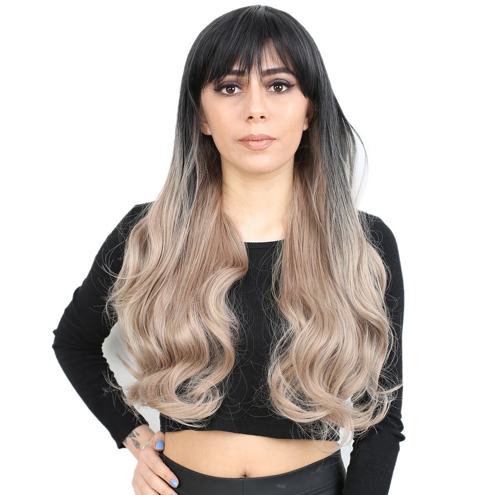 Long Wavy Kanekalon Fiber Synthetic Wig with Custom Bangs / Black / Ashy Baby Yellow Ombré