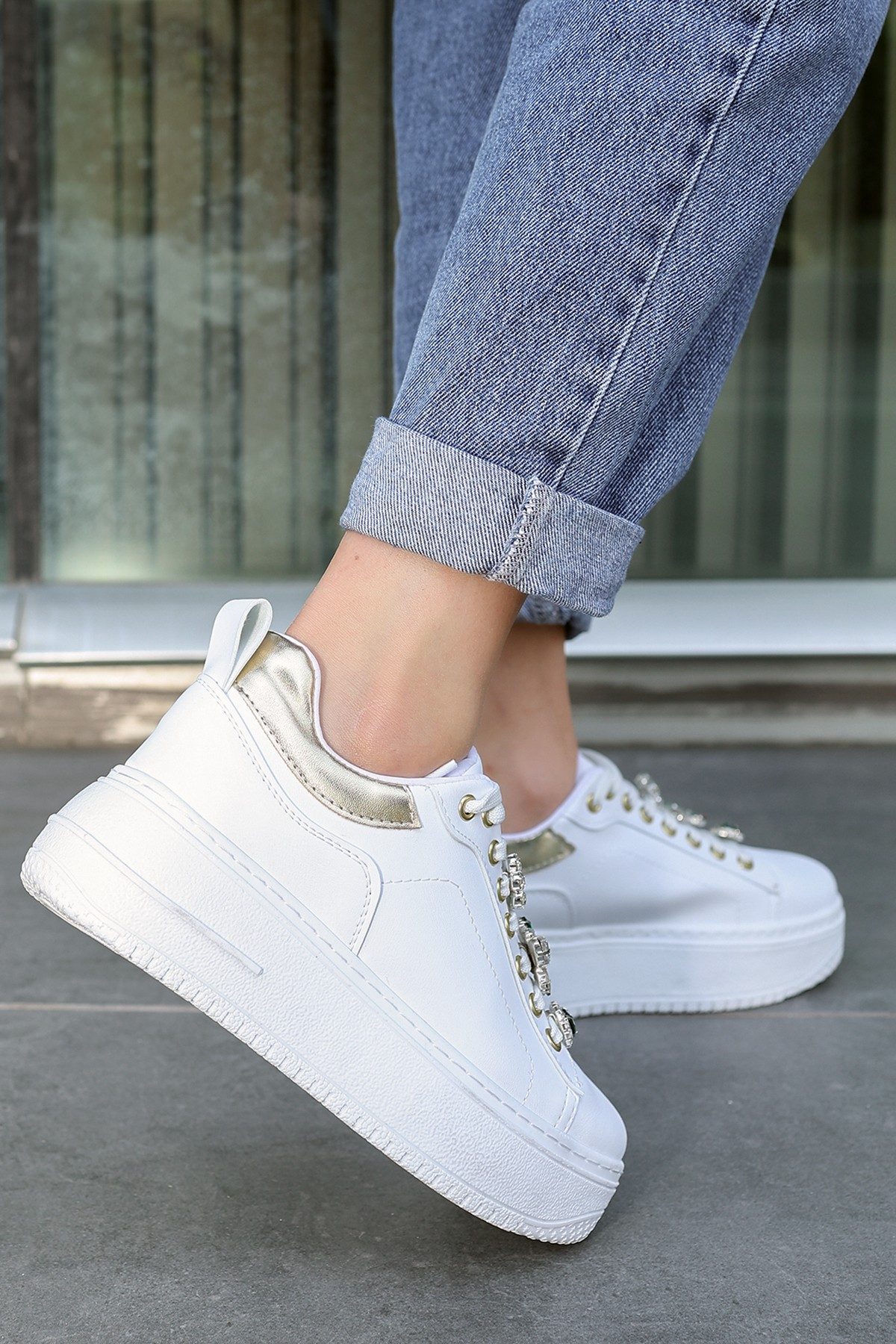 White Skin Stone Lace-Up Sneakers