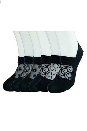 6 Pcs Front Transparent Women's Fancy Patterned Babet Socks