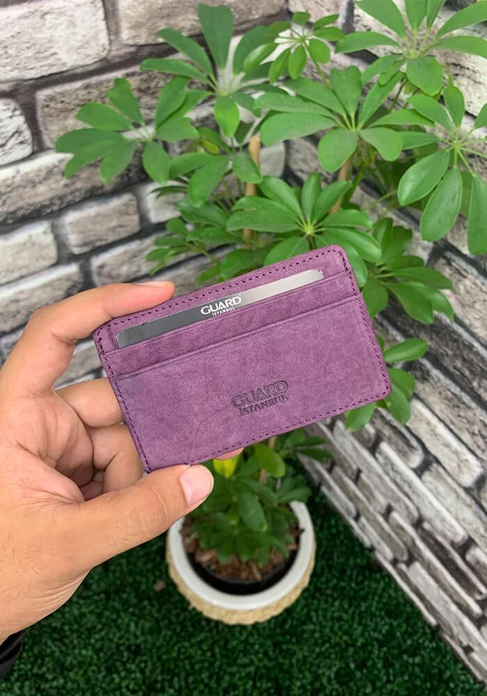 Ultra Slim Unisex Purple Nubuck Minimal Leather Card Holder