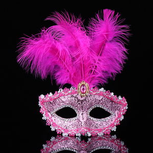 Pink Lace Embroidered Prom Party Mask with Pink Feathers 17x20 cm