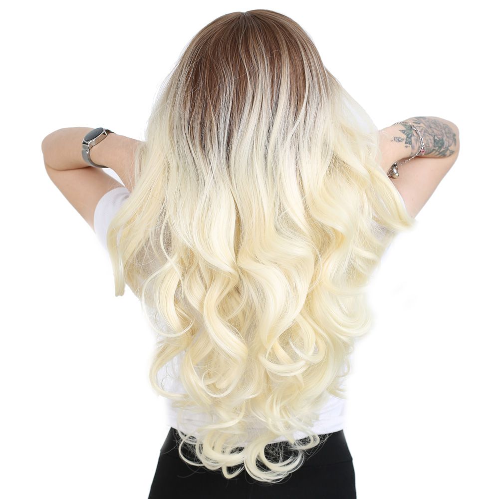 Super Dense Wavy Kanekalon Fiber Synthetic Long Bangs Wig / Auburn / Platinum Ombré