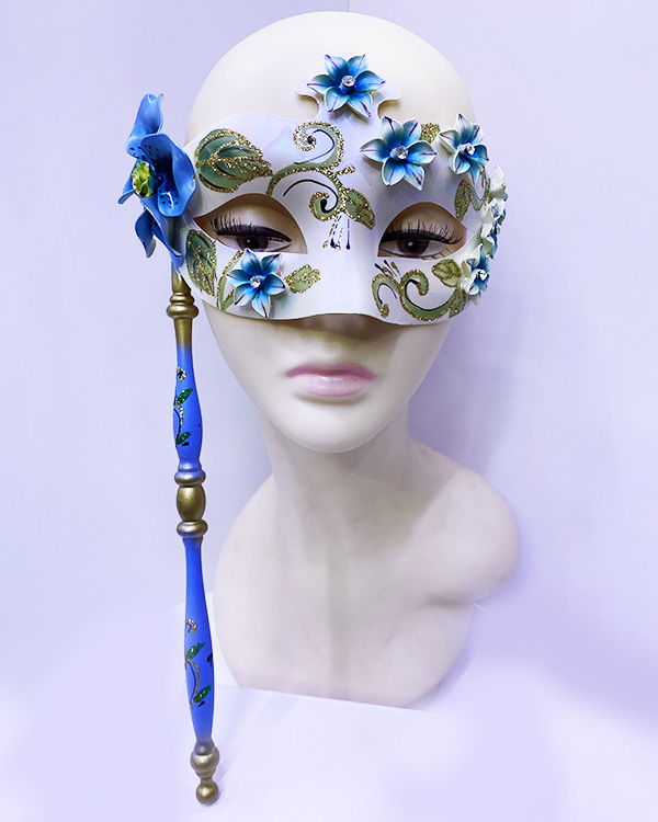 Blue Color Flower Embroidered Venetian Eye Mask with Handle 33x17 cm