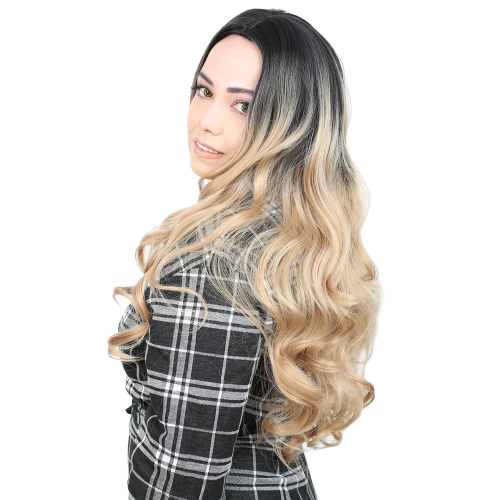 Super Dense Wavy Kanekalon Fiber Synthetic Long Bangs Toupee / Black / Pumpkin Ombré