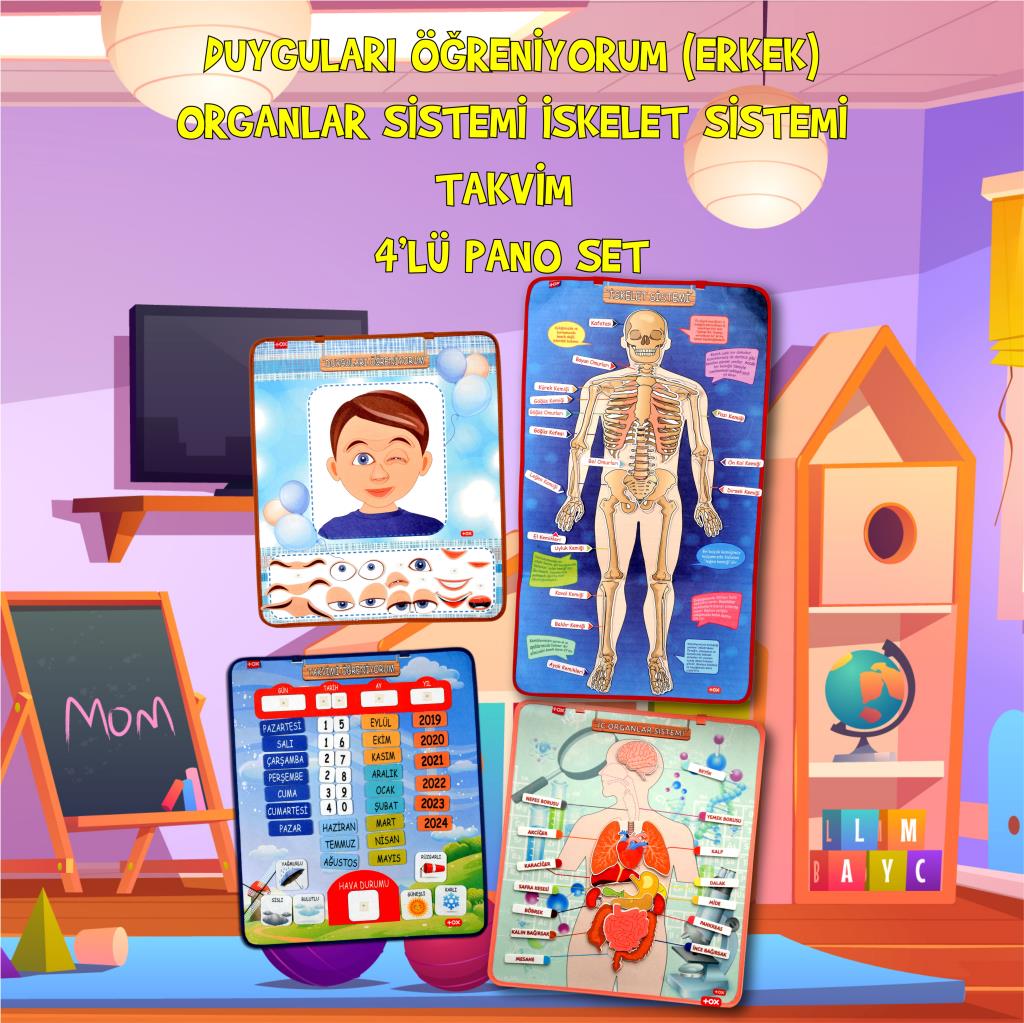 4 Sets of 127 Pieces Skeleton, Internal Organs System, Calendar and Learning Emotions Felt Velcro Wall Boards, Educational Toy