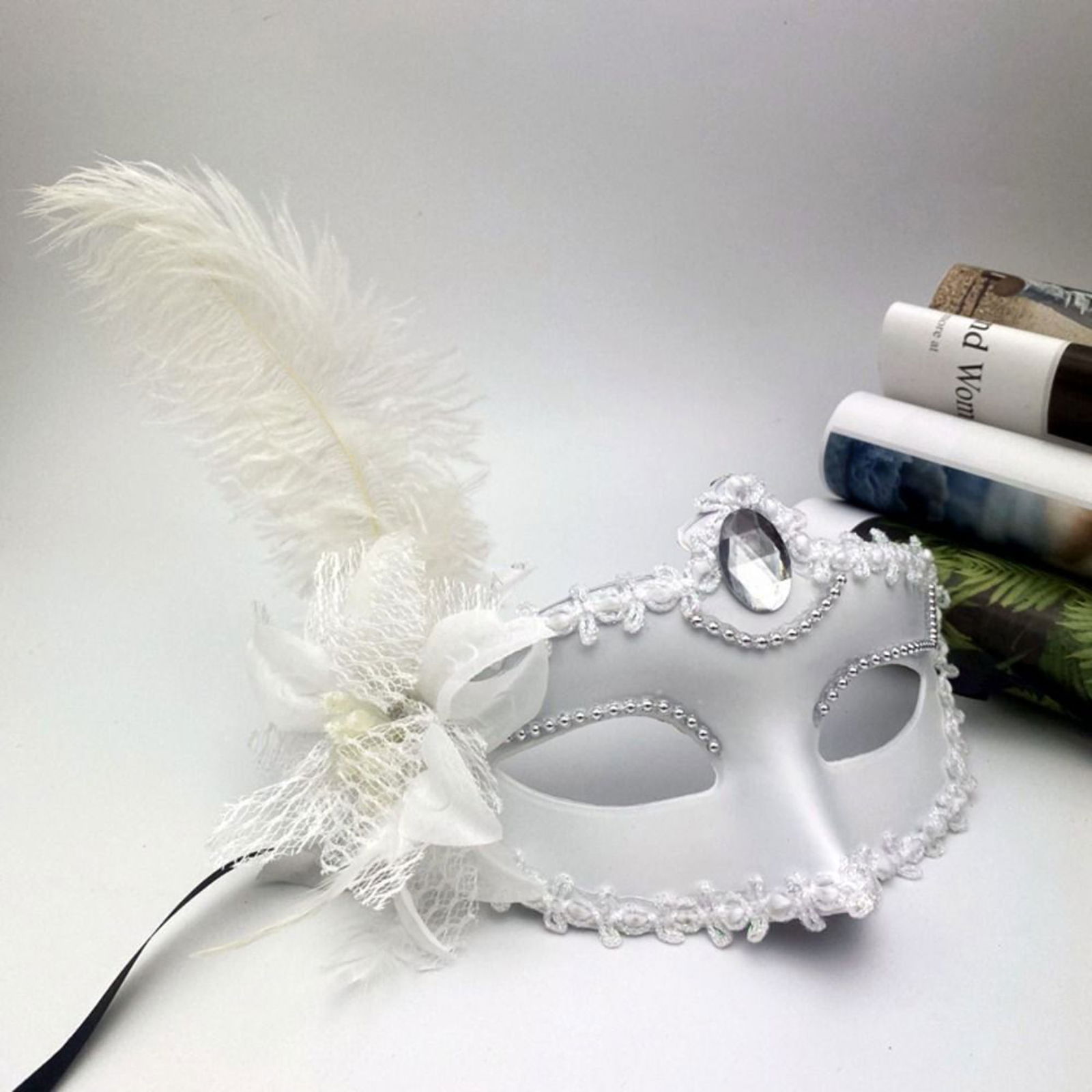 White Matte Color Side Feather Party Prom Venetian Mask with Roses 16x22