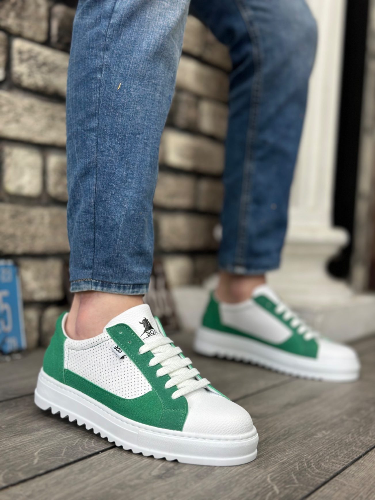 Thick Serrated High Sole White Green Lace-Up Sneakers For Men