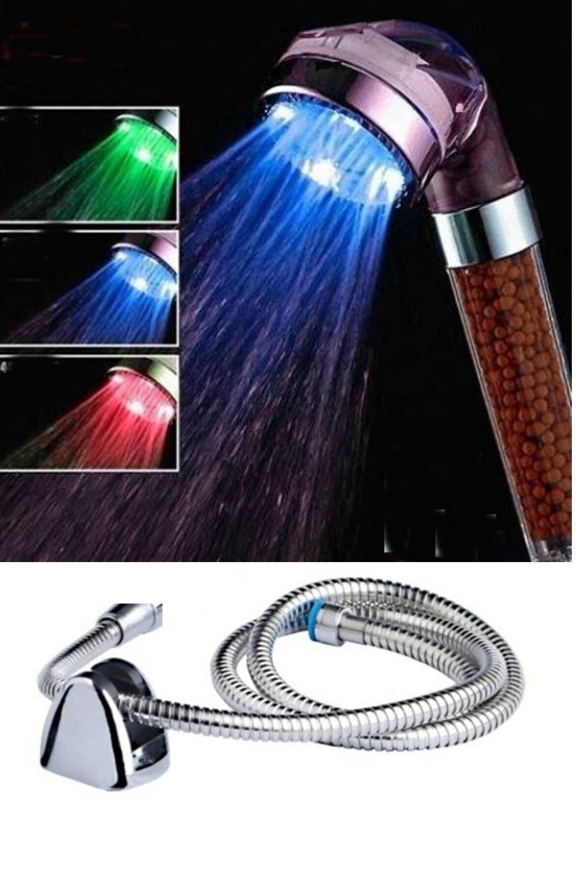 Color Changing Led Light Shower Head Set - Hose Hanger Set (Without Battery - Without Electricity)