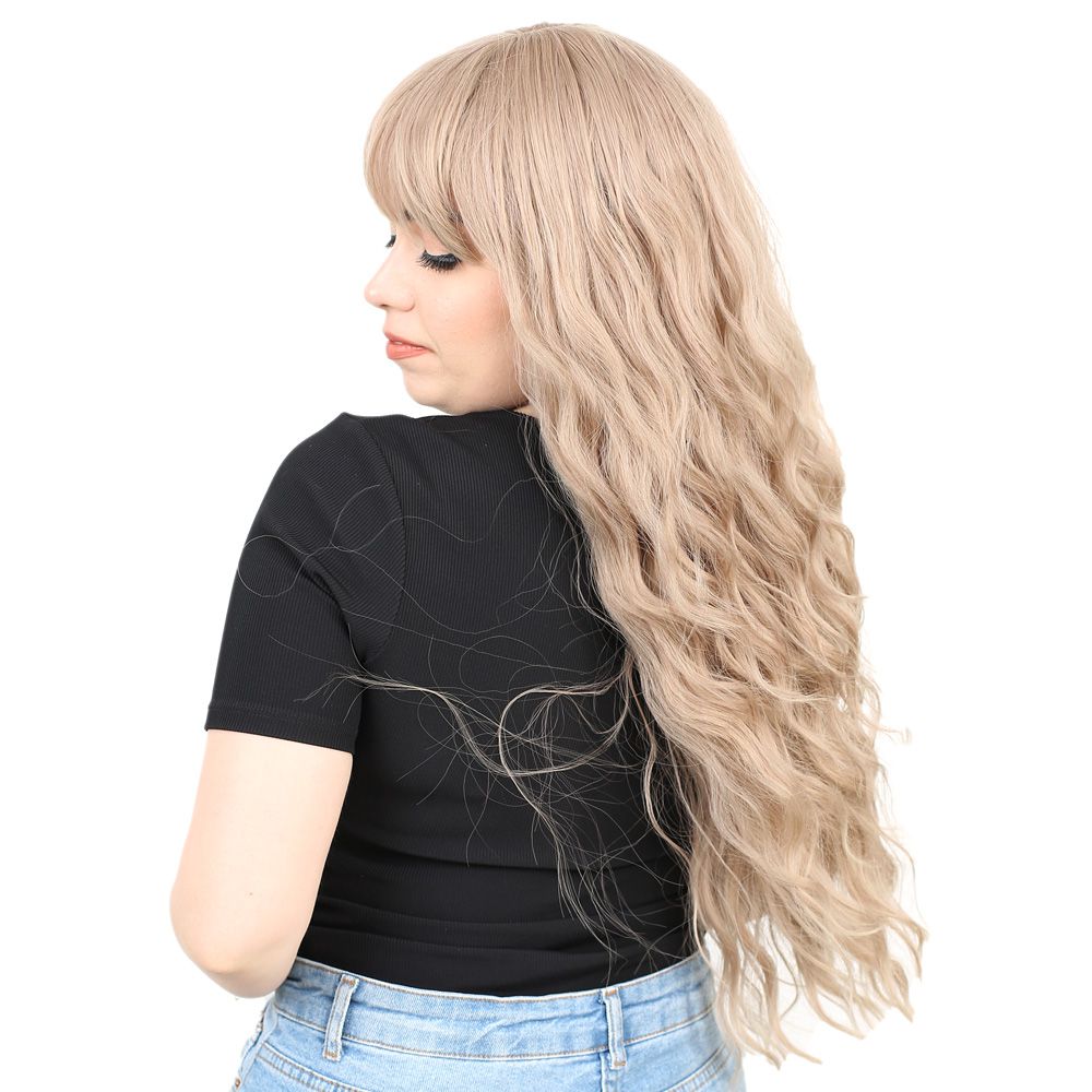 Long Water Wavy Look Kanekalon Fiber Synthetic Wig with Custom Bangs / Ashy Baby Yellow