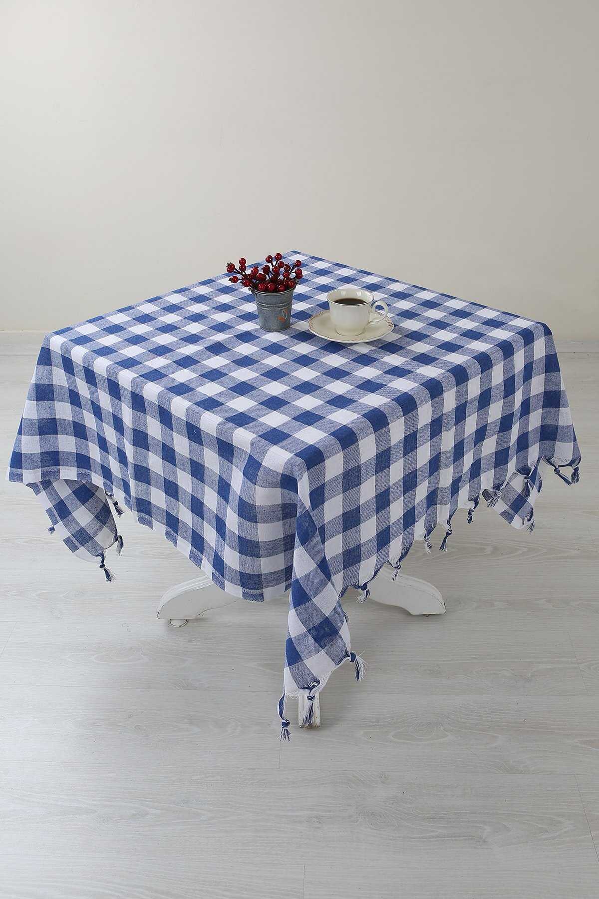 Checkered Fringed Blue Table / Picnic / Tablecloth 165x170 Cm