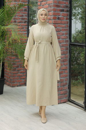 Linen Dress with Sleeve Ties Cream