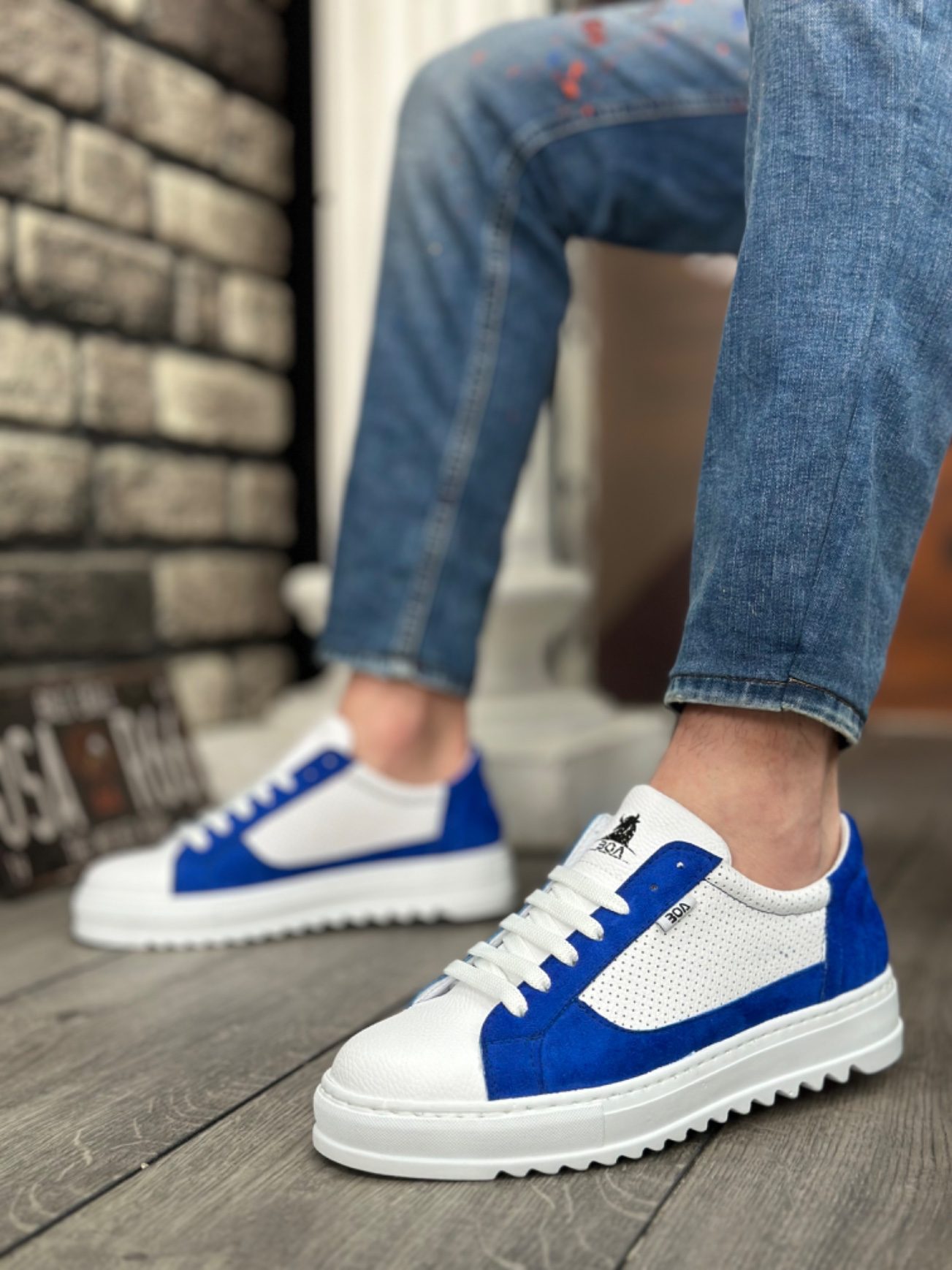 Thick Serrated High Sole White Blue Lace-Up Sneakers For Men