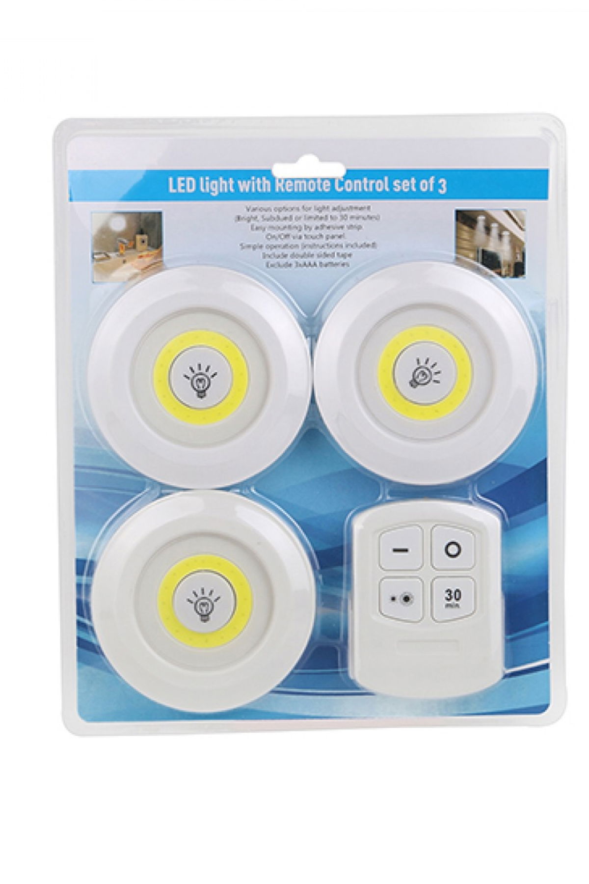 3-Light Remote Control Adhesive Wireless Led Spotlights with Adhesive