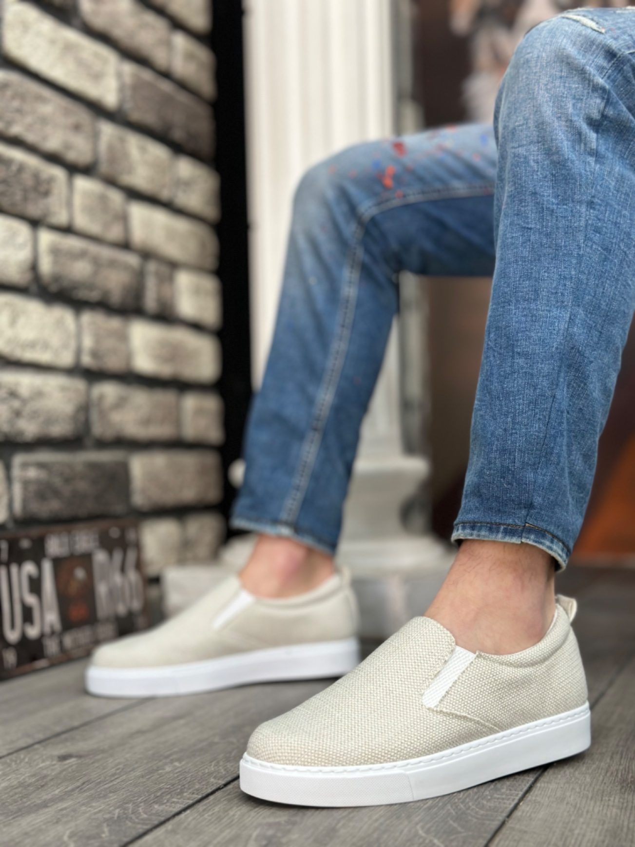 Unlaced Linen Cream White Sole Casual Men's Shoes