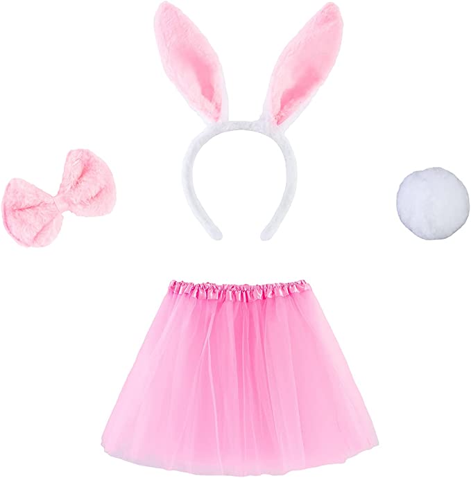 Bunny Crown Skirt Bow Tie and Tail Costume Set Pink Color Child Size