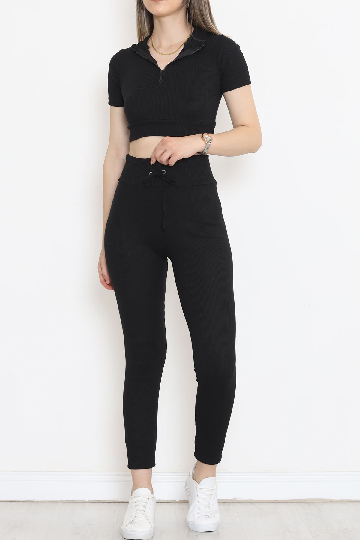 Camisole Zippered Short Sleeve Suit Black