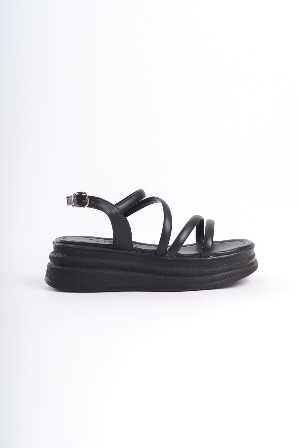 CLZ948 Women's Orthopedic Sole Sandals ST Black with Thin Buckle Stripe Detail