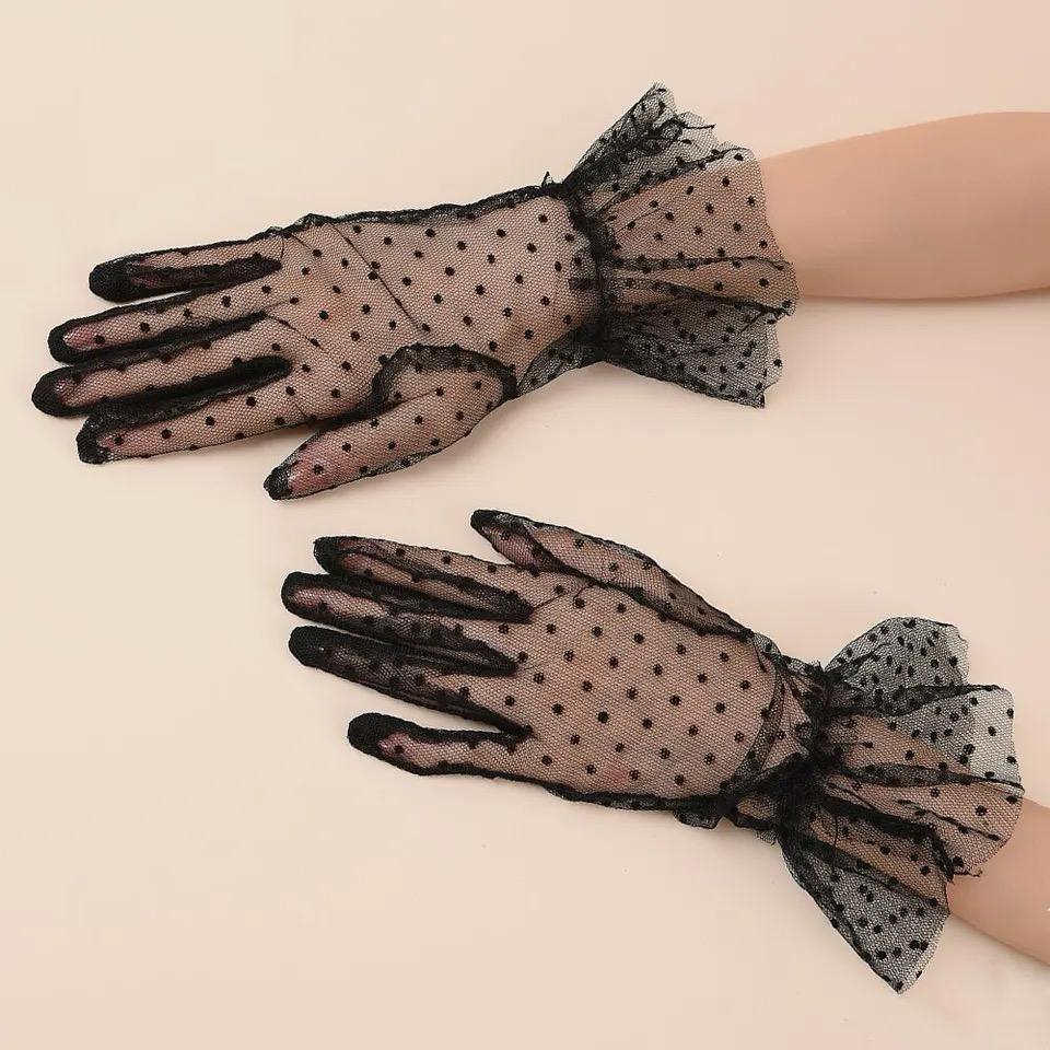 Short Length Guipure Black Polka Dot Tulle Gloves Black Color