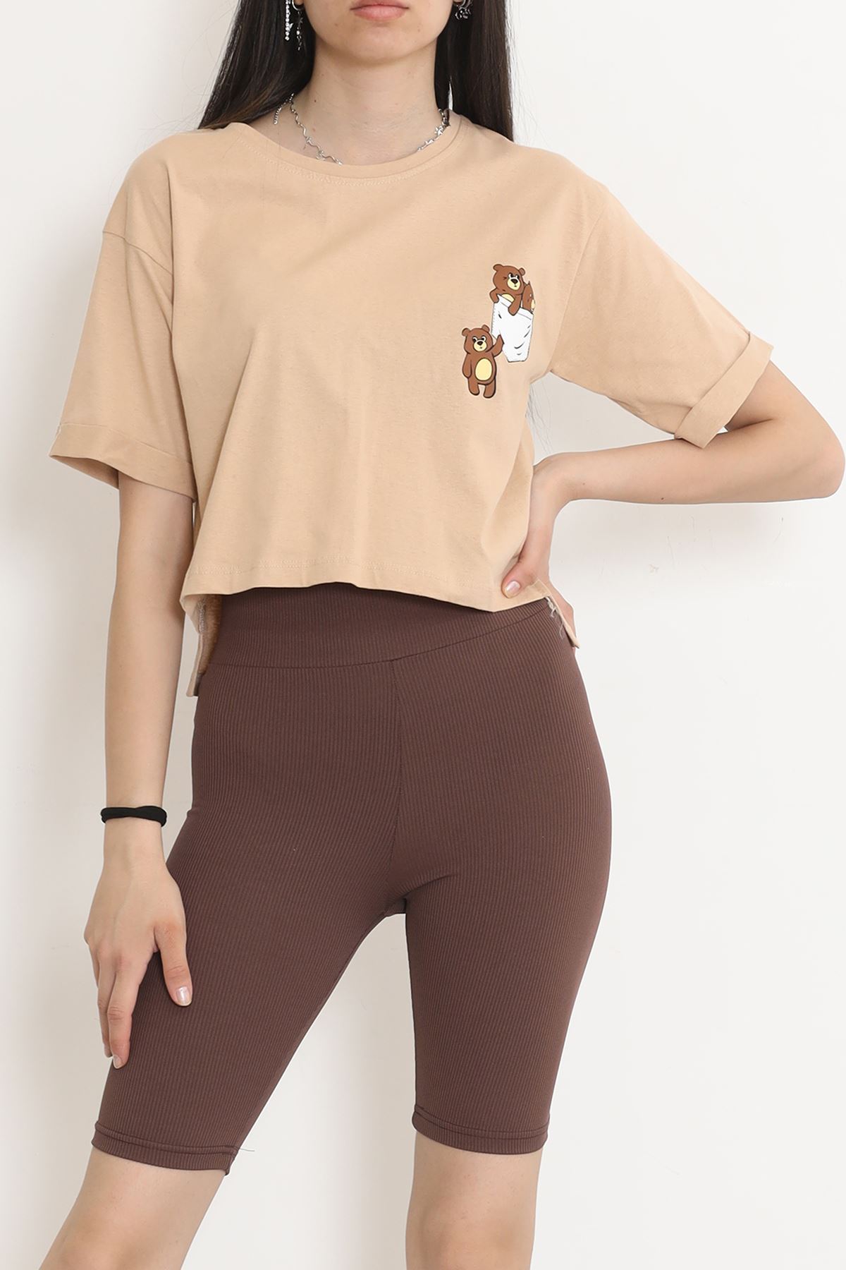 Printed Double Sleeve Crop T-Shirt Mink