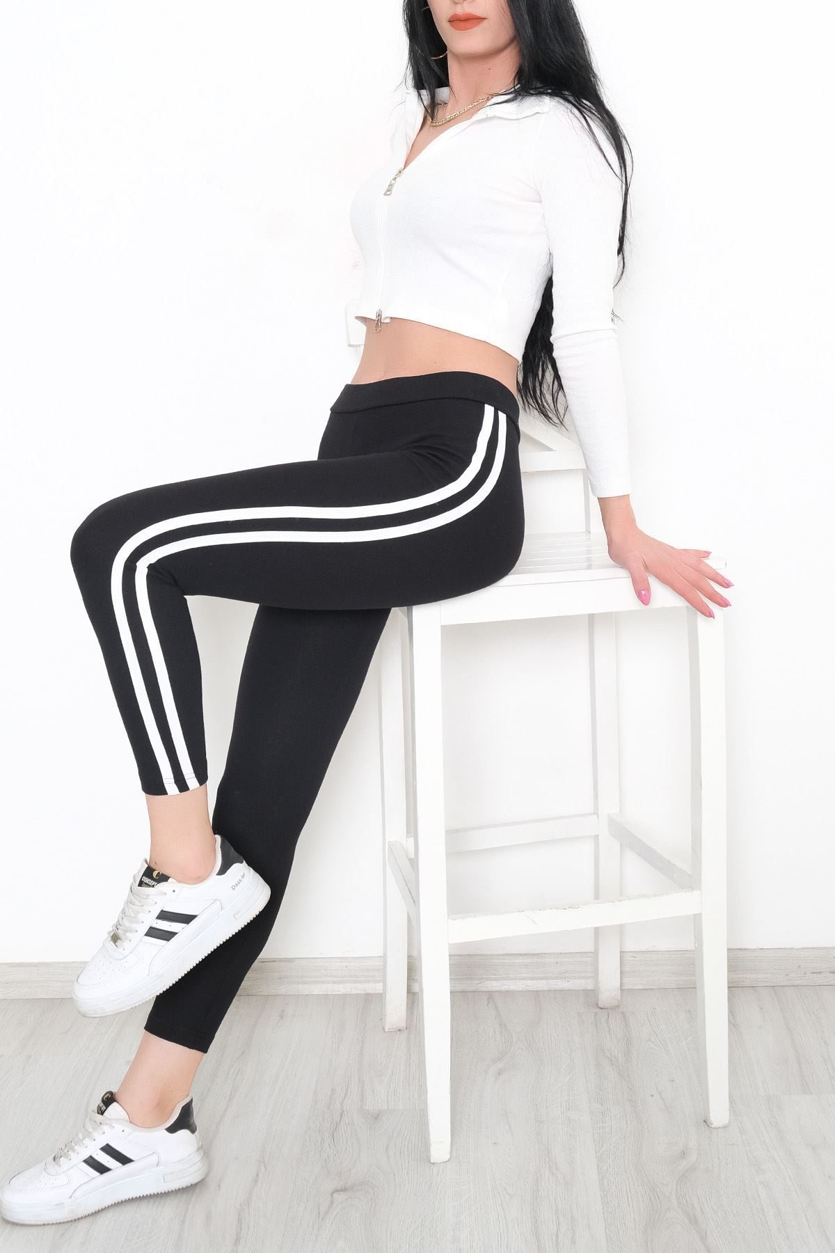 Double Stripe Ribbed Leggings Black and White