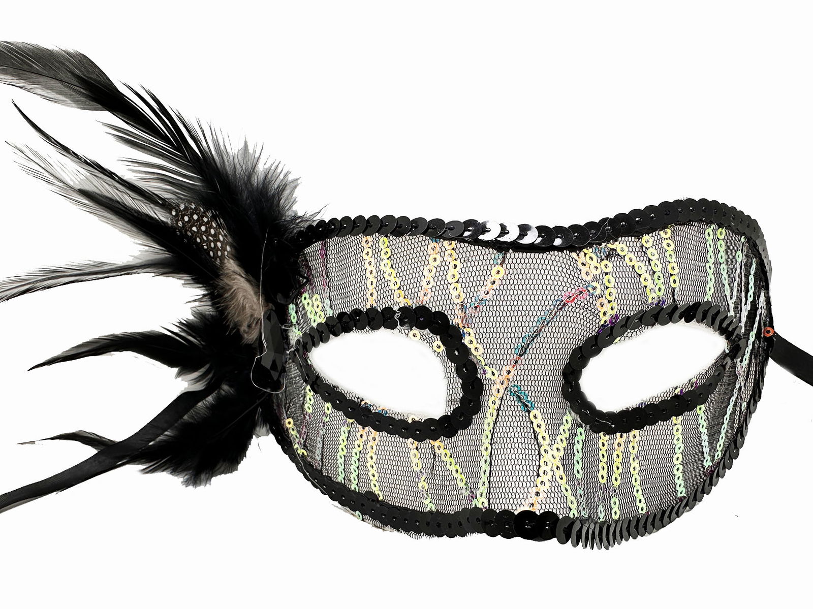 Black Color Side Feather Sequin Embroidered Party Mask 23x12 cm