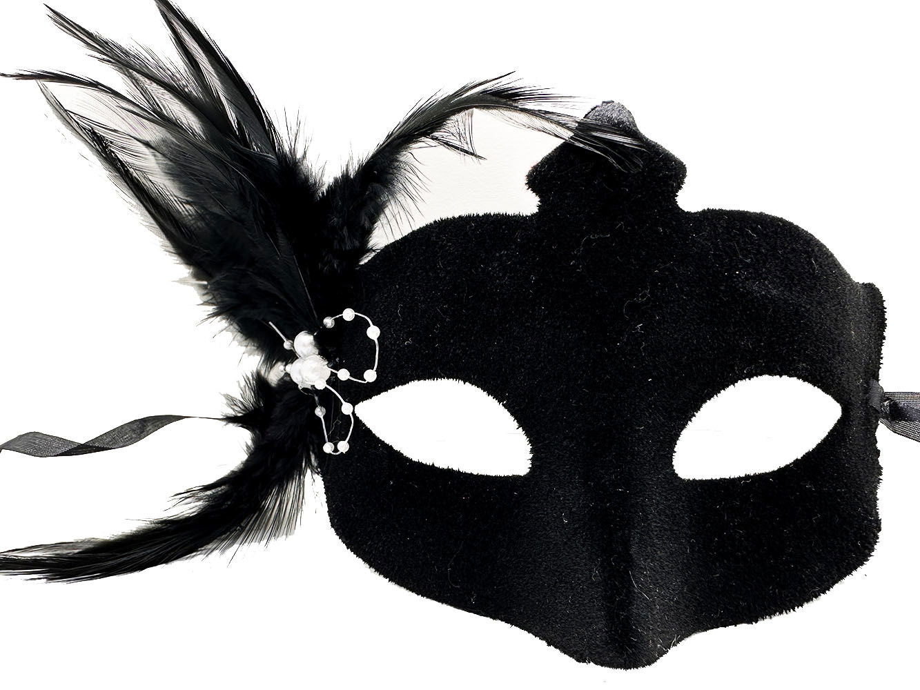 Black Color Side Feather Suede Coating Party Mask with White Pearls 18X15 cm