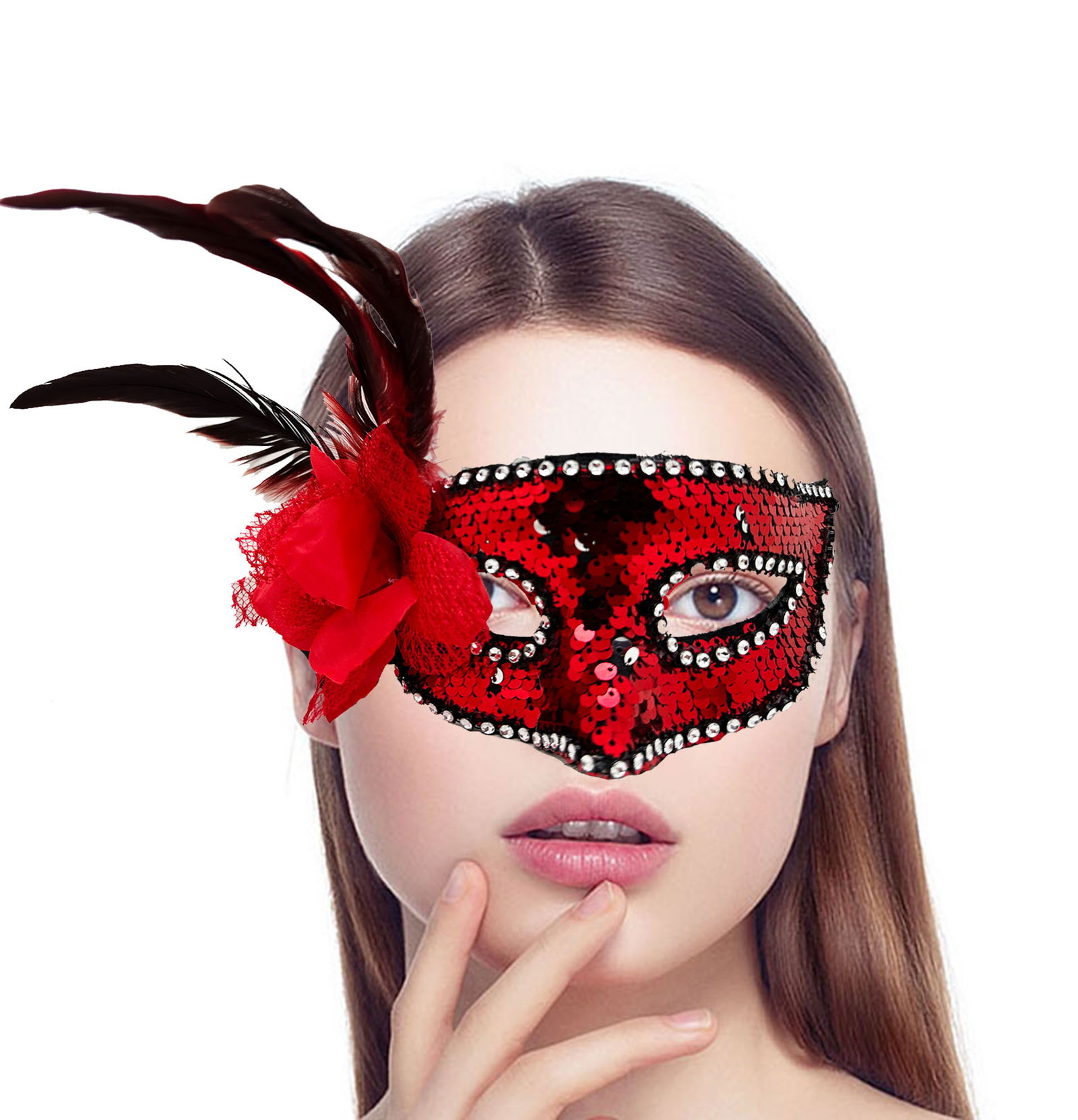 Red Color Side Feathered Rose Silver Stone Sequin Mask 20x22 cm