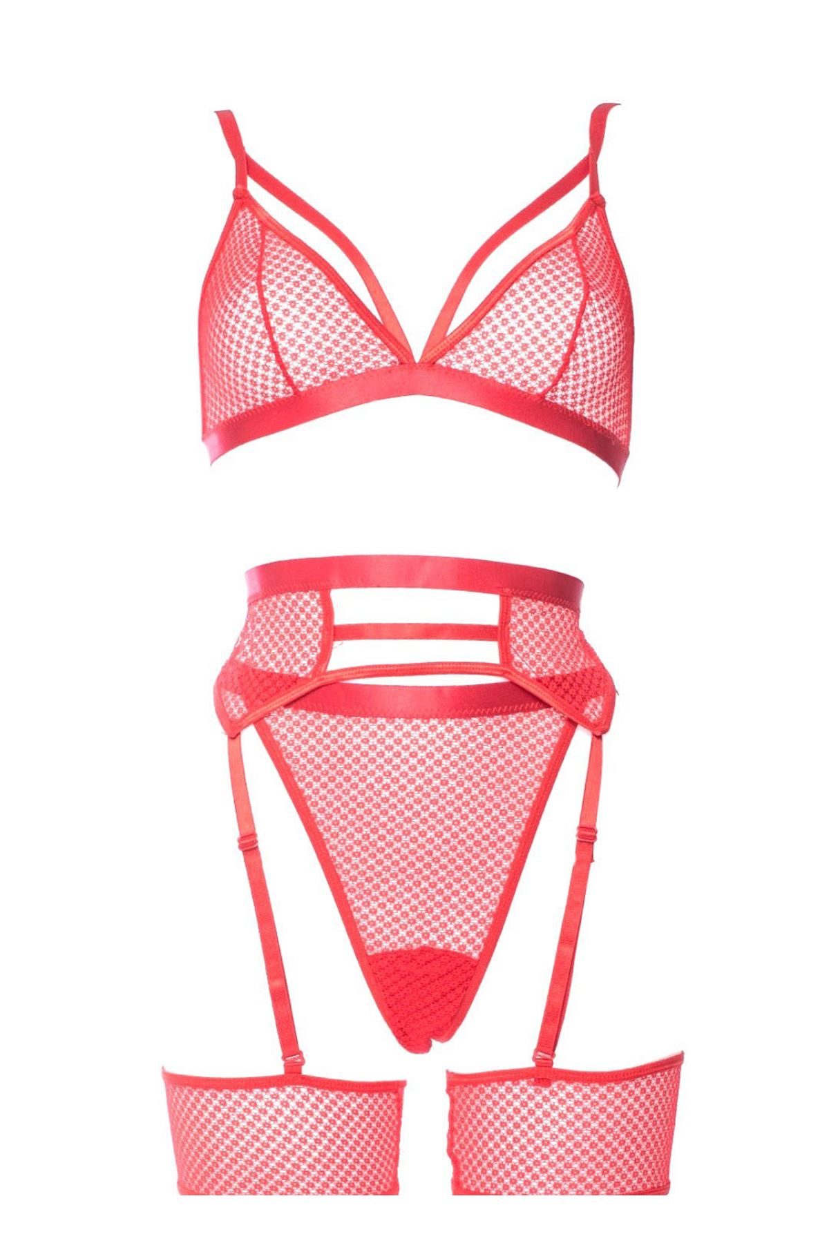 Red Fancy Mesh Garter Set