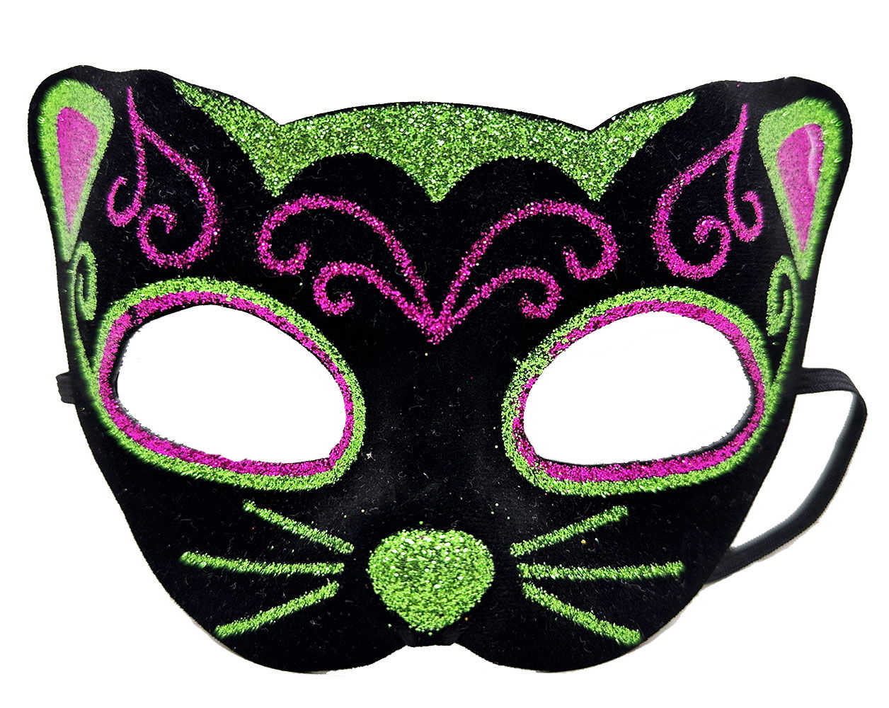 Pink Green Glitter Embroidered Cat Mask on Black Velvet Cover 20x13 cm