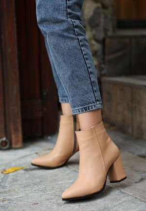 Cream Skin Heeled Boots