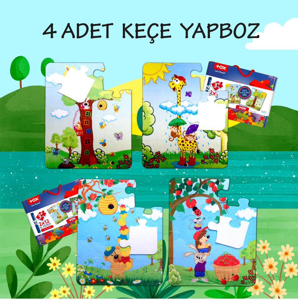 4 Set - 48 Piece Zurafa and Apple Bear 3+ Felt Jigsaw Puzzle - 3 Year Old Puzzle