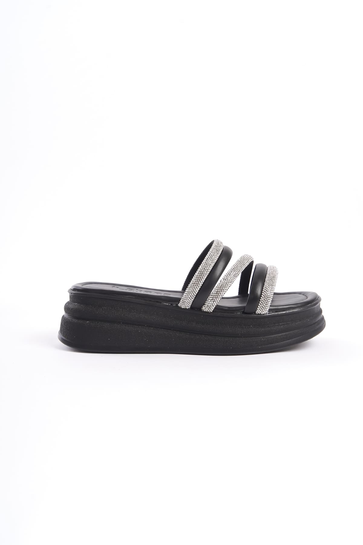 CLZ948 Flat Heeled Stripe Stone Thick and Orthopedic Sole Women's Slippers ST Black