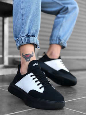 Lace-up Men's High Sole Black and White Sneakers