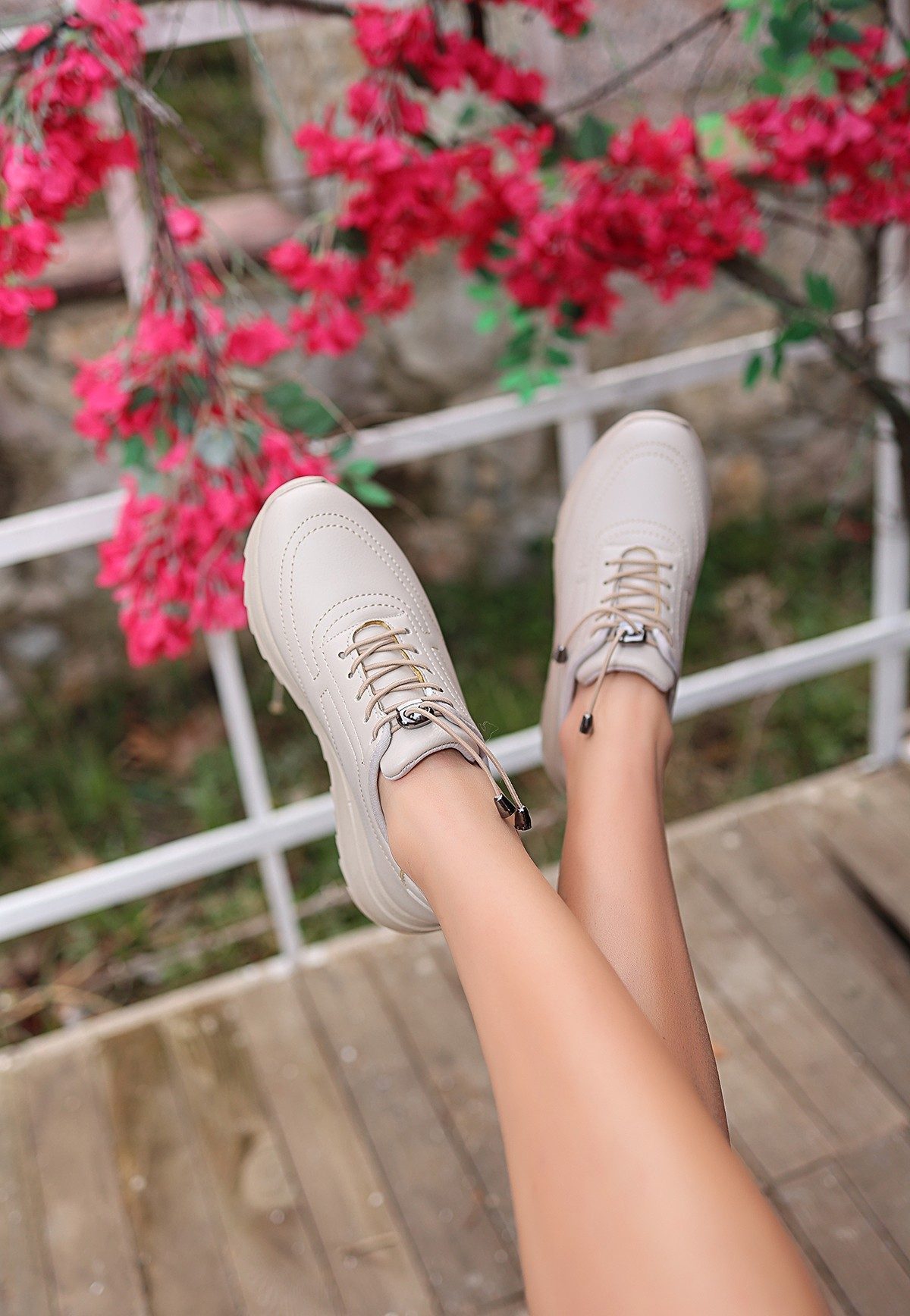 Beige Skin Lace-Up Sneakers