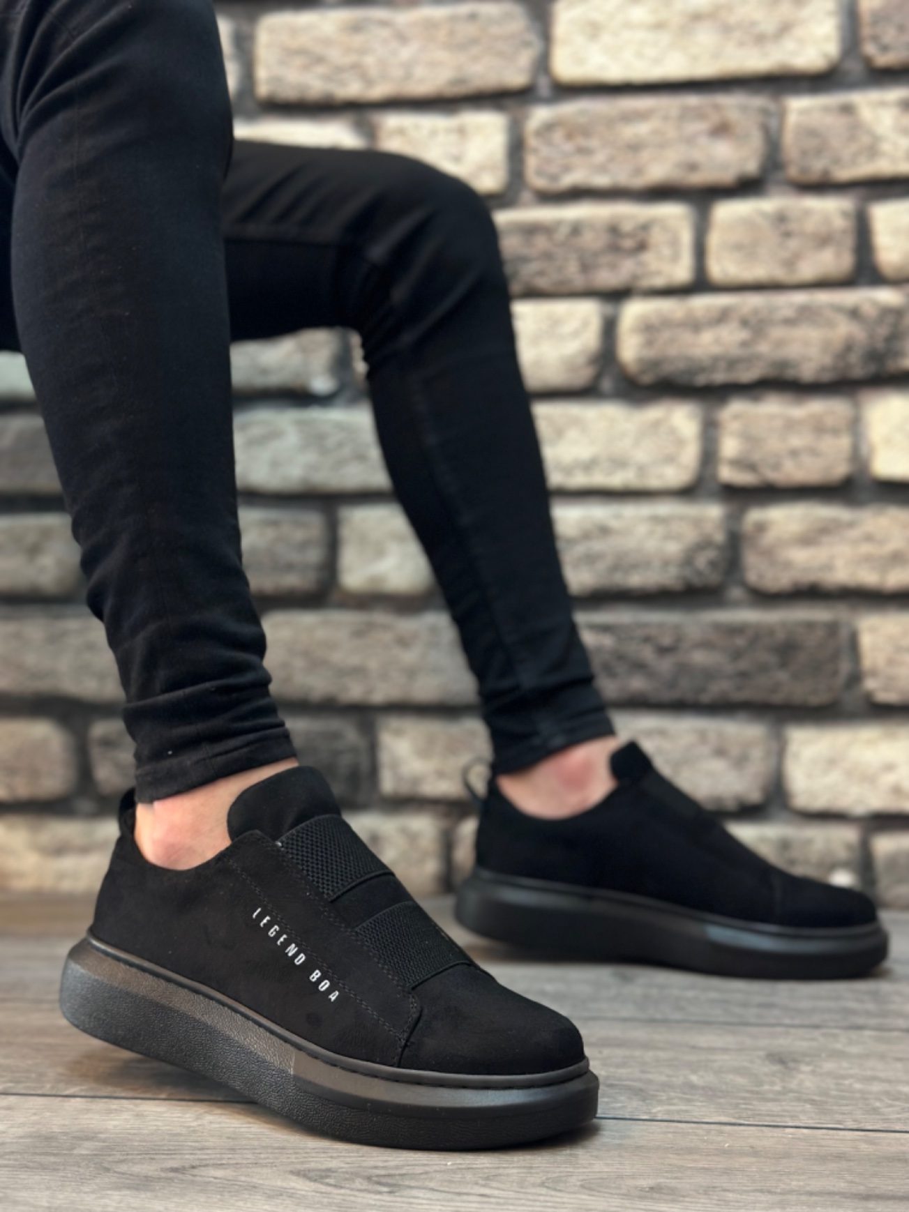 Thick Suede High Sole Double Band Black Men's Shoes