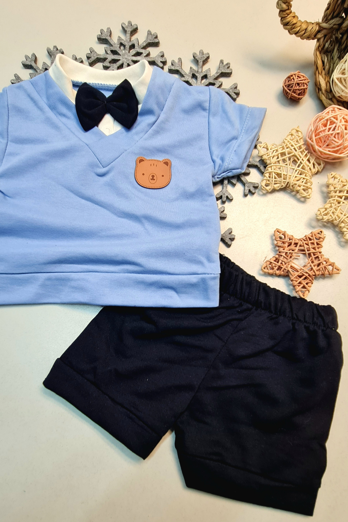 Baby Boy Bow Tie Short Sleeve Summer Fashionable Top and Bottom Suit Blue