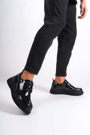 Black Patent Leather Black Sole Lace-up Casual Men's Shoes