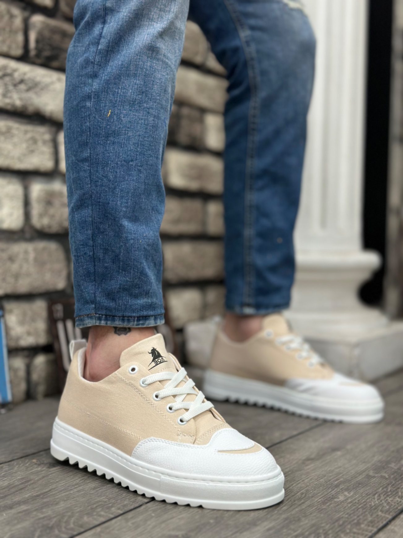 Thick High Sole Smile Patterned Cream Sneakers for Men