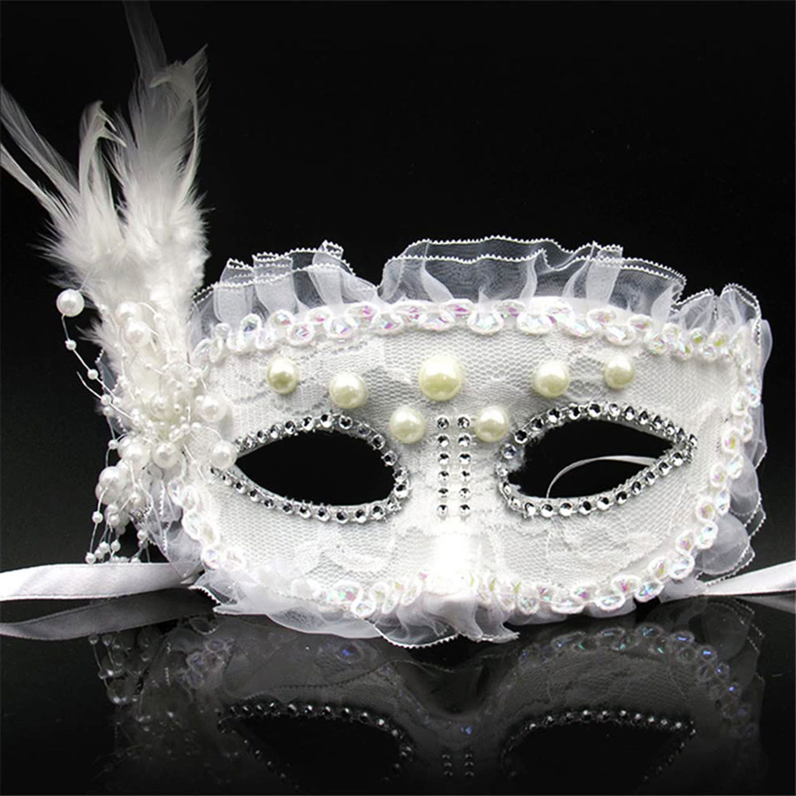 White Color Party Mask 17x12 cm with Side Feathers Pearl Embroidered Stones Lacy Party Mask 17x12 cm