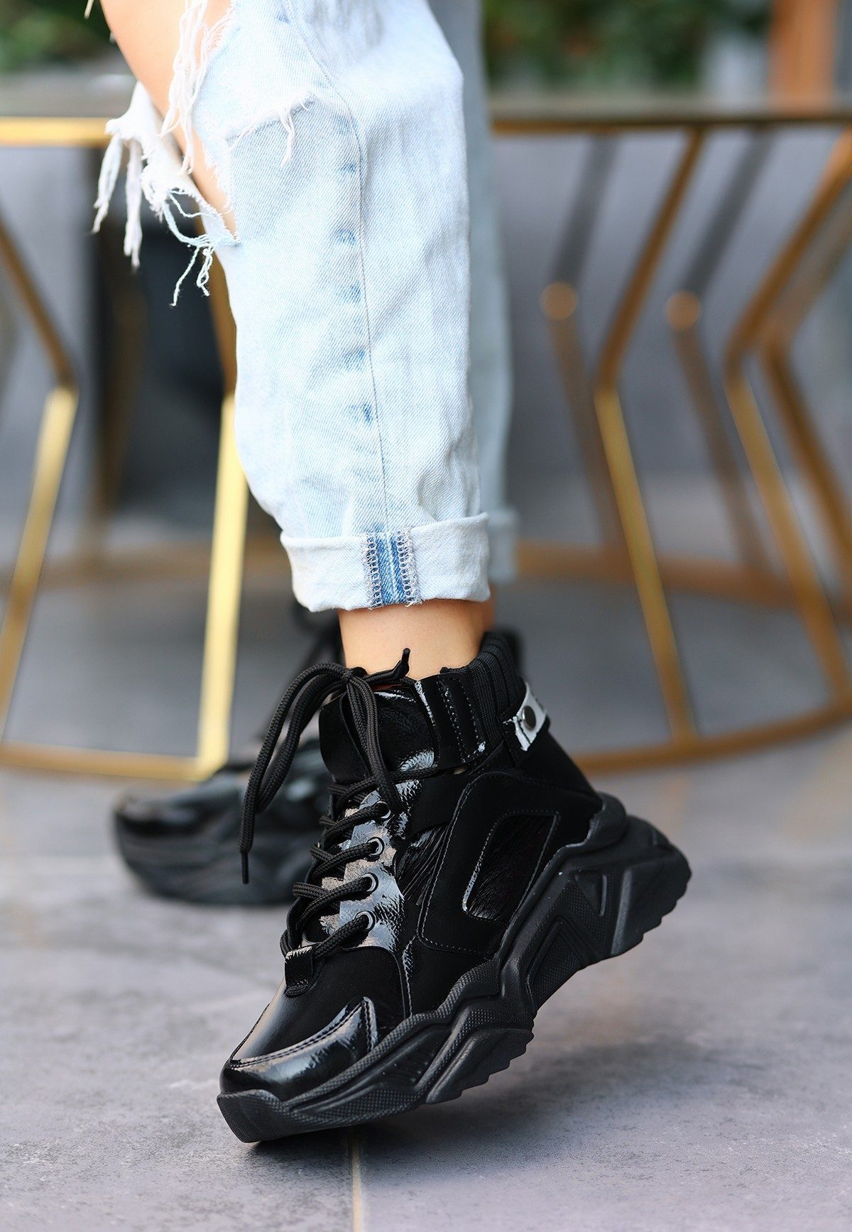 Black Skin Lace-up Boots