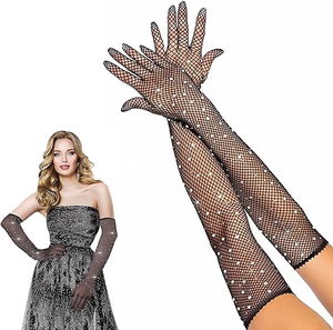 Black Color Pearl Diamond Embroidered Mesh Knit Long Gloves 45 cm