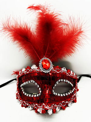 Red Color Sequin Sequin Feather Party Mask 17x20 cm