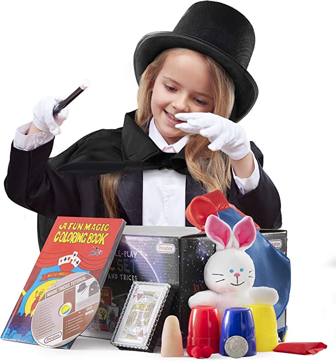 Kids Size Black Magician Cloak Black Magician Hat and 7 Piece Magic Games