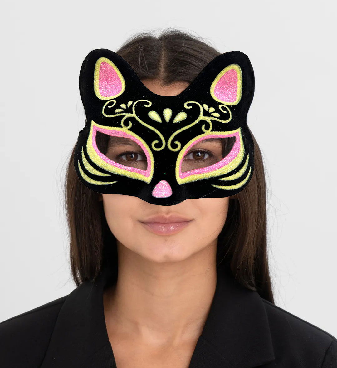 Black Color Suede Coating with Pink Yellow Glitter Cat Mask 17x14 cm