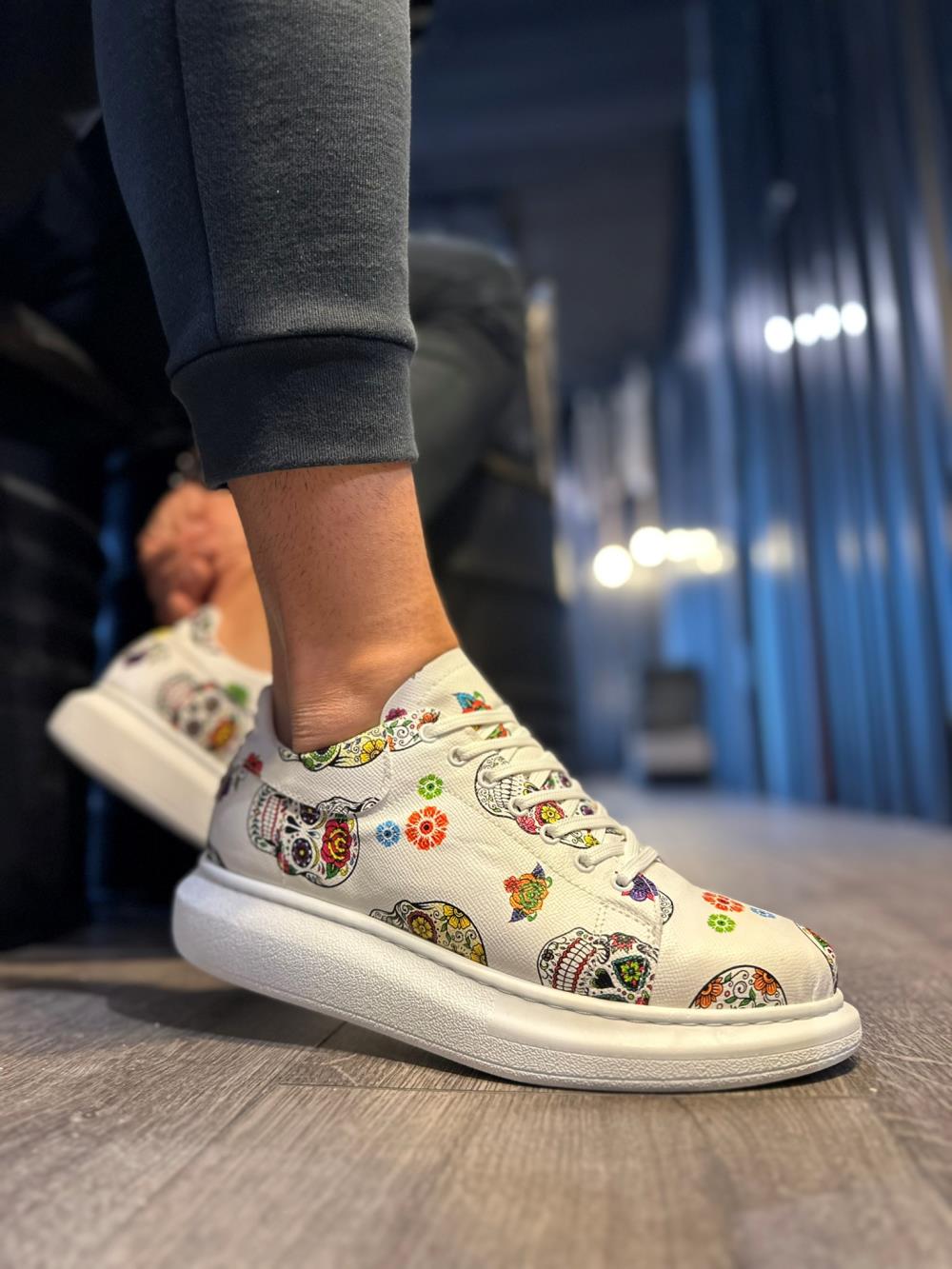 High Sole Colorful Printed Casual Shoes White Skull